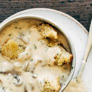 Cream of Mushroom Soup with croutons in a bowl.